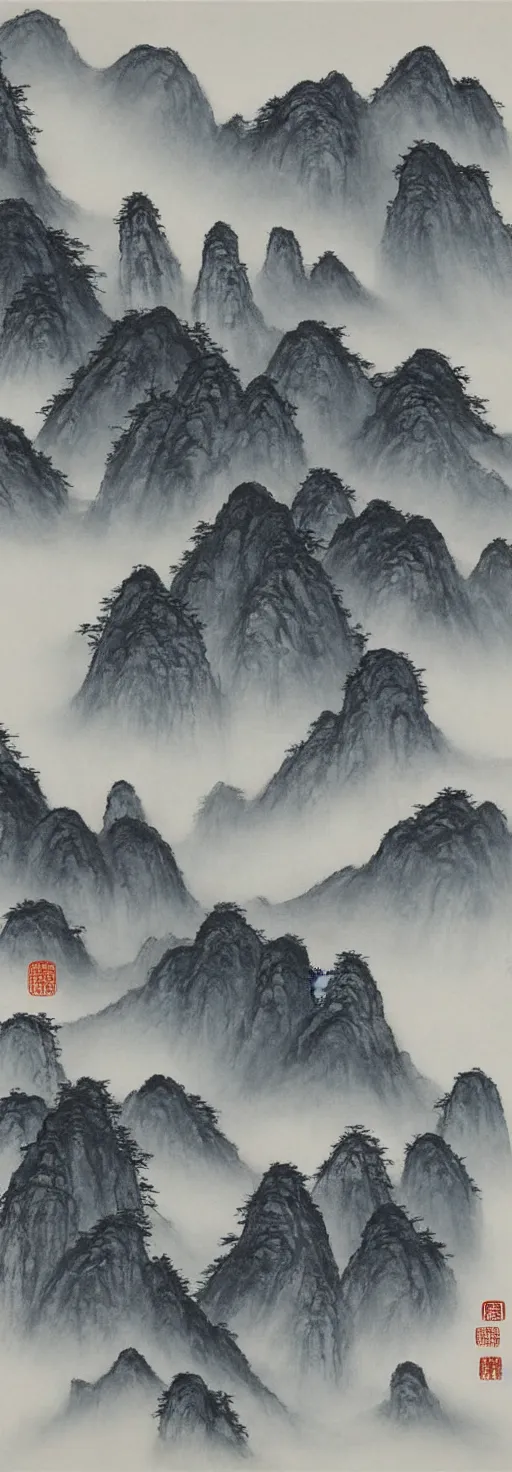 Prompt: traditional chinese shanshui 山 水 ink painting of huangshan on a foggy day by shenzhou 沈 周