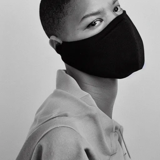 Image similar to realistic photoshooting for a new balenciaga lookbook, color film photography, portrait of a beautiful woman, model is wearing a balaclava mask, in style of tyler mitchell, 3 5 mm,