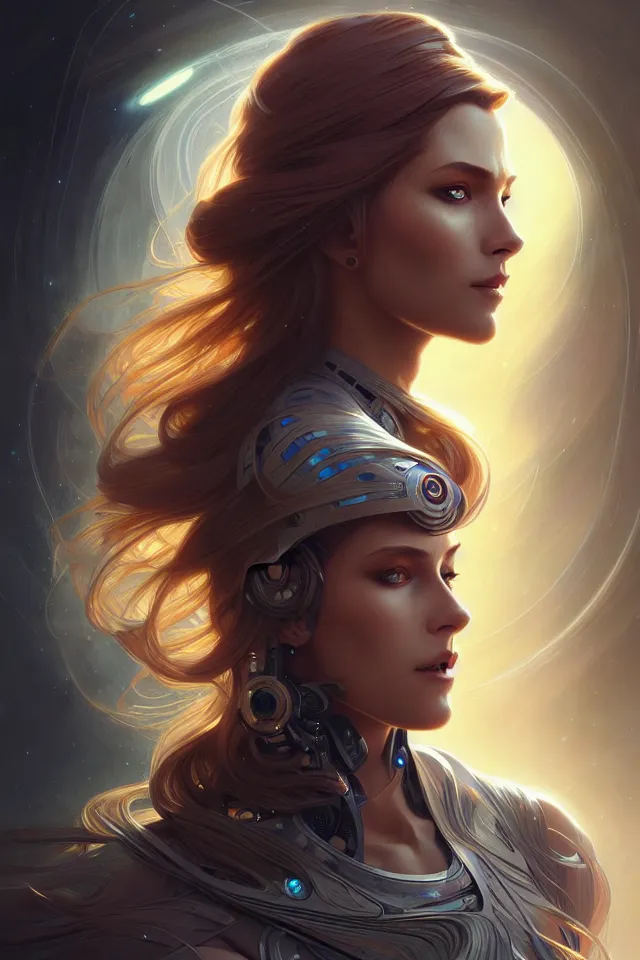 Image similar to futuristic woman portrait, sci-fi, amber eyes, face, long hair, fantasy, intricate, elegant, highly detailed, digital painting, artstation, concept art, smooth, sharp focus, illustration, art by artgerm and greg rutkowski and alphonse mucha