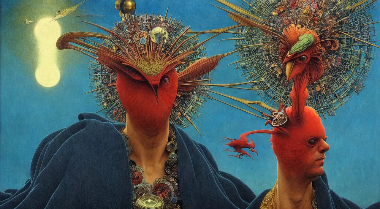 Image similar to realistic detailed portrait movie shot of a birdman wearing dark robes, sci fi city landscape background by denis villeneuve, amano, yves tanguy, alphonse mucha, ernst haeckel, max ernst, roger dean, masterpiece, rich moody colours, blue eyes, occult