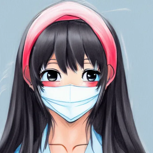 Image similar to full headshot portrait of a girl with long black hair, wearing a surgical mask, drawn by ATDAN, by Avetetsuya Studios, attractive character, colored sketch anime manga panel, trending on Pixiv