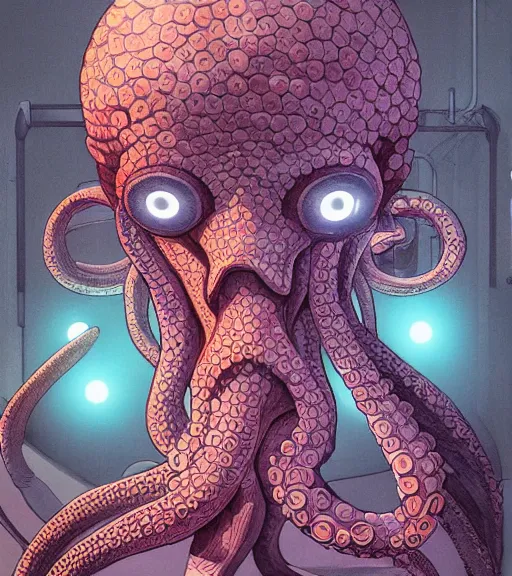 Prompt: a cybernetic realistic octopus teacher in Costa Brava, techwear, Ethereal Scifi, detailed illustration, character portrait, graffiti art by Martin Grip and Moebius