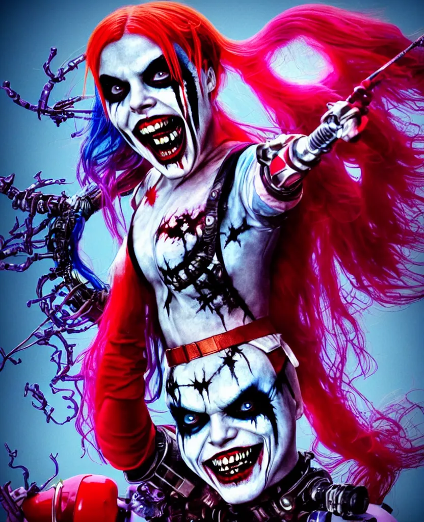 Prompt: Regan (The Exorcist) as Harley Quin (The Suicide Squad), epic angle and pose, symmetrical artwork, 3d with depth of field, blurred background, cybernetic jellyfish female face skull phoenix bird, translucent, nautilus, energy flows of water and fire. a highly detailed epic cinematic concept art CG render. made in Maya, Blender and Photoshop, octane render, excellent composition, cinematic dystopian brutalist atmosphere, dynamic dramatic cinematic lighting, aesthetic, very inspirational, arthouse, Greg Rutkowski, Ilya Kuvshinov, WLOP, Stanley Artgerm Lau, Ruan Jia and Fenghua Zhong