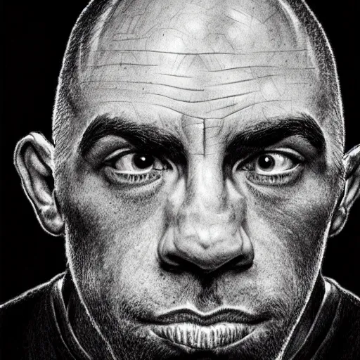 Image similar to Joe Rogan with some monkey features, single subject, portrait, intricate, highly detailed, concept art, smooth, sharp focus, pencil art