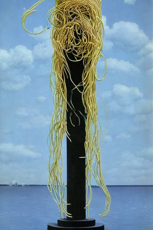 Image similar to A Monumental Public Sculpture of a 'Cyborg made of spaghetti with a Portal in its stomach ' on a pedestal by the Sea, surreal oil painting by Rene Magritte and Max Ernst shocking detail hyperrealistic!! Cinematic lighting