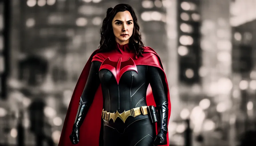 Prompt: high quality photo of a cosplaying Gal Gadot as Batwoman , photography 4k, f1.8 anamorphic, bokeh, 4k,