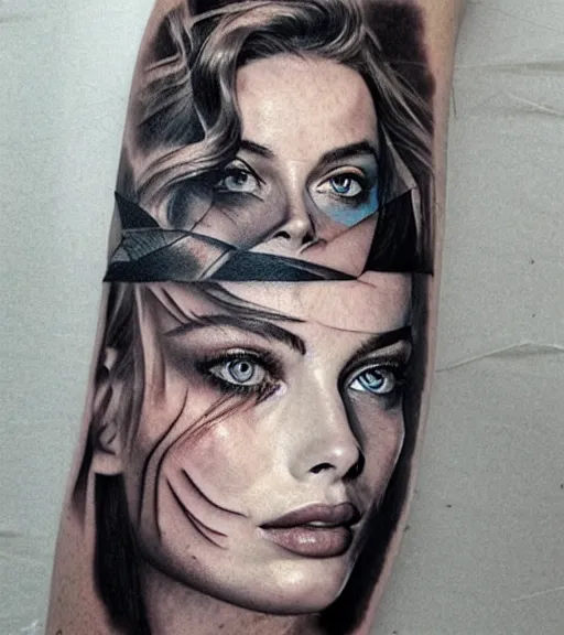 Image similar to tattoo design sketch double exposure of margot robbie with beautiful mountain scenery mash up, in the style of arlo dicristina, surrealist, amazing detail, sharp