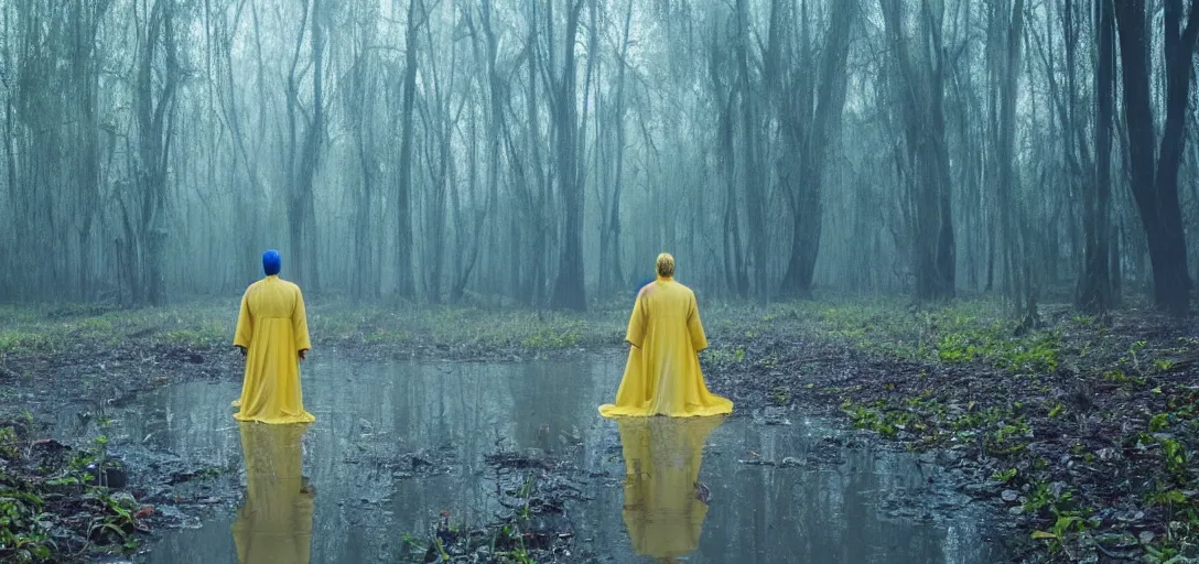 Image similar to an angel in blue and yellow robes in a swamp, sunny weather, foggy, cinematic shot, photo still from movie by denis villeneuve