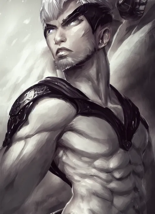 Image similar to a highly detailed illustration of fierce short white haired parted through the middle young attractive asian man, wearing hakama, with black sclera eyes, heroically battle posing, muscular, intricate, elegant, highly detailed, centered, digital painting, artstation, concept art, smooth, sharp focus, league of legends concept art, WLOP