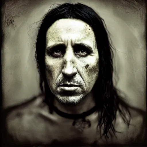 Prompt: portrait of trent reznor with long hair as a zombie by lee jeffries and michael hussar, award winning, sony a 7 r