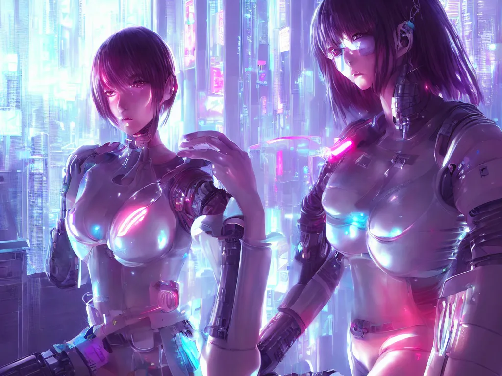 Image similar to anime visual of portrait futuristic cyber warrior girl, in future cyberpunk tokyo rooftop, ssci - fi, fantasy, intricate, very very beautiful, elegant, neon light, highly detailed, digital painting, artstation, concept art, smooth, sharp focus, illustration, art by wlop and tian zi and artgerm