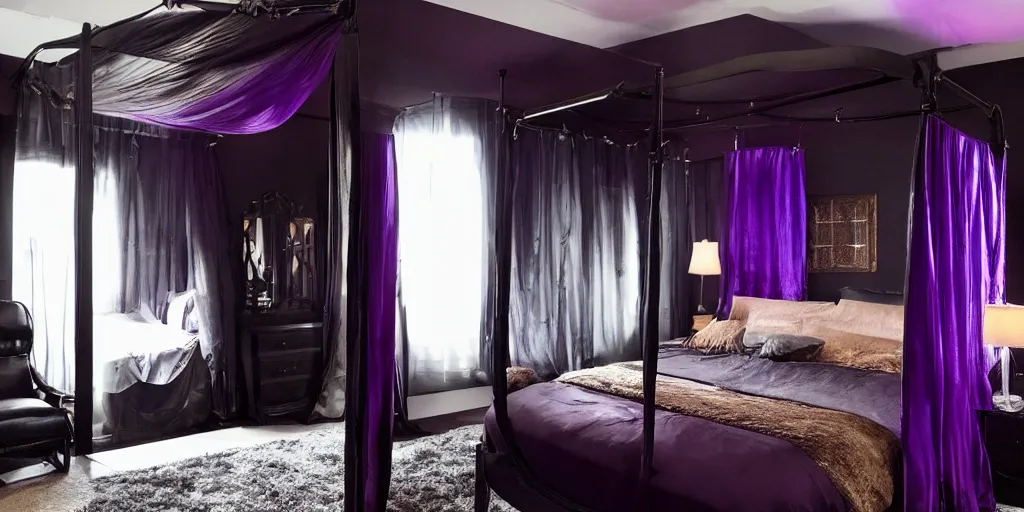 Prompt: night time, moody dark lighting, dark purple leather dungeon bedroom, blade runner 2 0 4 9, king size canopy bed