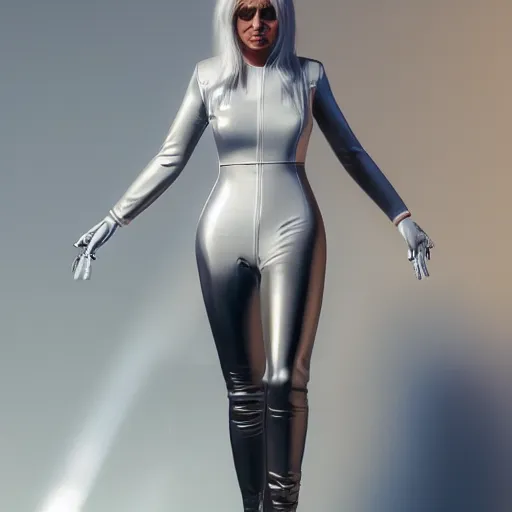 Image similar to a full body portrait of a female wearing a skintight leather jacket long white hair, trending on artstation, artstationhd, artstationhq, full body shot, cycles render, octane render, unreal engine, detailed body, detailed face, artwork by tooth wu and wlop and beeple and greg rutkowski