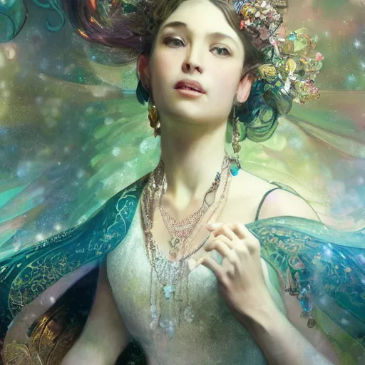 Prompt: noami osaka, adorned with precious stones, tiara and necklace by jeremy mann and alphonse mucha, photo realistic, dynamic lighting, windy, artstation, poster, dreamy, volumetric lighting, ethereal, 4 k, high detail