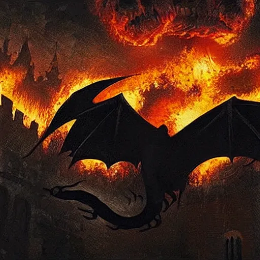 Image similar to “A black dragon flying over a burning medieval city”