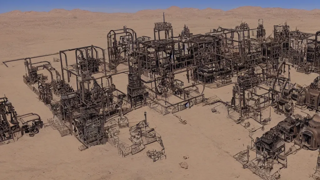 Prompt: steampunk factory in the middle of the desert