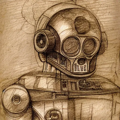 Image similar to a pencil sketch by leonardo davinci of the droid c 3 po, machine, sketch, da vinci, old masters, paper,
