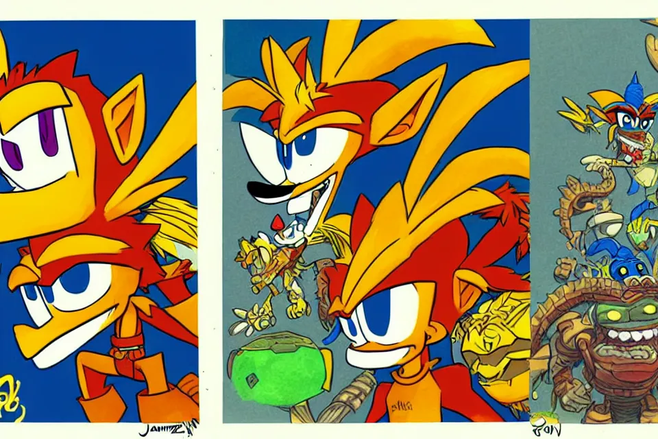 Image similar to concept sketches of crash bandicoot wearing a gold crown riding a large dragon by jamie hewlett, in the style of megaman, micro detail