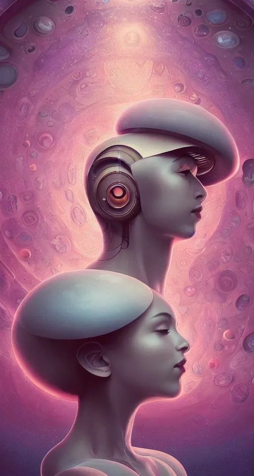 Image similar to art deco close up portait of mushroom head surrounded by spheres, like a dream digital painting cinematic dramatic fluid lines otherworldly vaporwave interesting details rule of thirds epic composition by artgerm