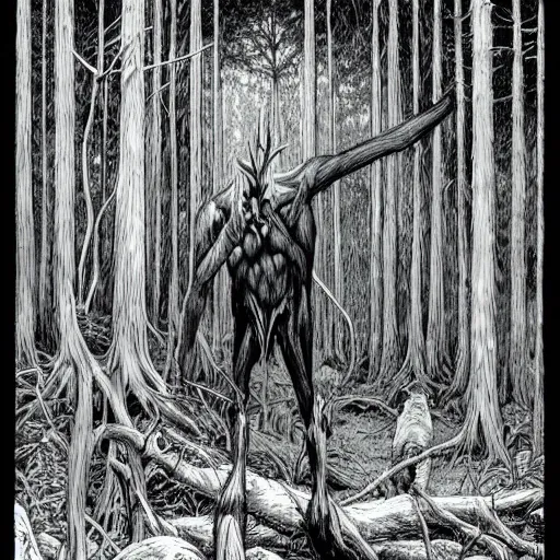 Image similar to wendigo in the woods, Michael Whelan, pen and ink, black and white