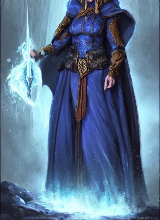 Image similar to dark blue cloak female priest, ultra detailed fantasy, dndbeyond, bright, colourful, realistic, dnd character portrait, full body, pathfinder, pinterest, art by ralph horsley, dnd, rpg, lotr game design fanart by concept art, behance hd, artstation, deviantart, hdr render in unreal engine 5