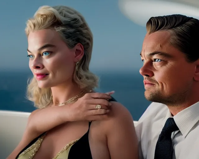 Image similar to leonardo dicaprio as the wolf of wall street next to margot robbie as naomi from the wolf of wall street in a helicopter, hyper realistic faces, beautiful eyes, cinematic, long shot, hyper detailed, 8 5 mm photograph, 8 k resolution, film still, sharp lens, wide lens