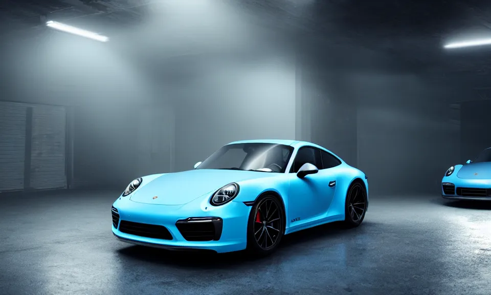 Image similar to photograph of a blue porsche 911 standing in a garage, centered, mist, volumetric light, cinematic lighting, octane render, 4k, ultra realistic