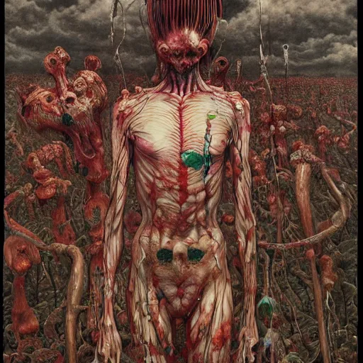 Prompt: realistic detailed image of a Horrific Crime Scene, Shintaro Kago, Kentaro Miura, Neo-Gothic, grotesque, rich deep colors. Beksinski painting, part by Adrian Ghenie and Gerhard Richter. art by Takato Yamamoto. masterpiece