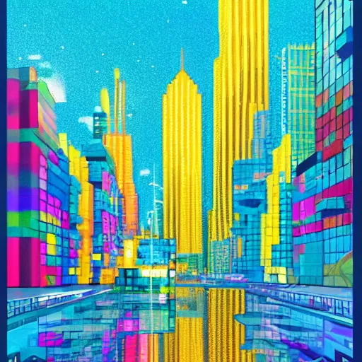 Prompt: a beautiful amazing art of a colorful cityscape resembling pixels reflected in a cube by tom haugomat, serena malyon, maxim shirkov, alex pogrebniak and robin gundersen, trending on artstation, featured on behance.