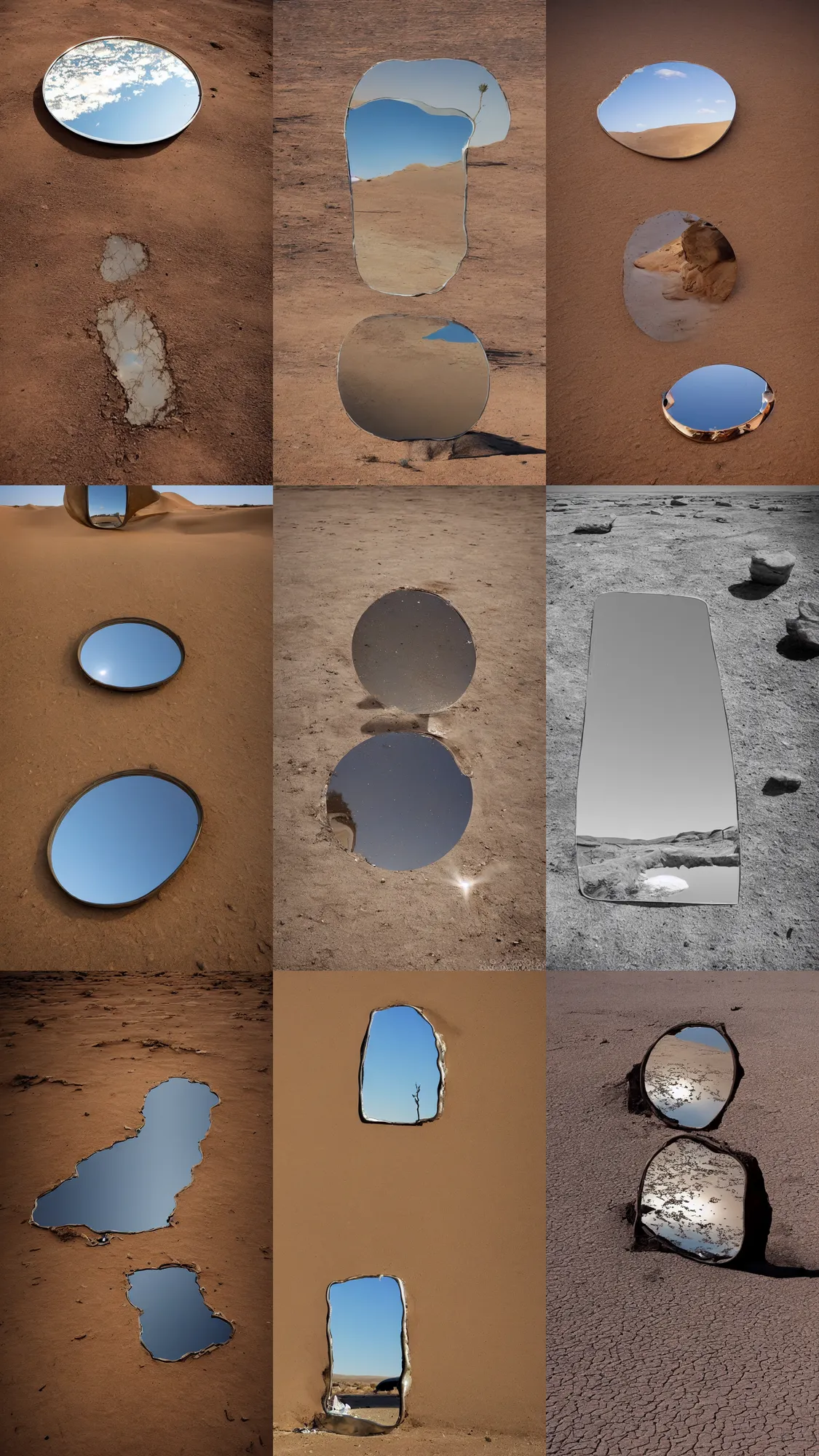 Prompt: a melting mirror in the desert, surrealist photography