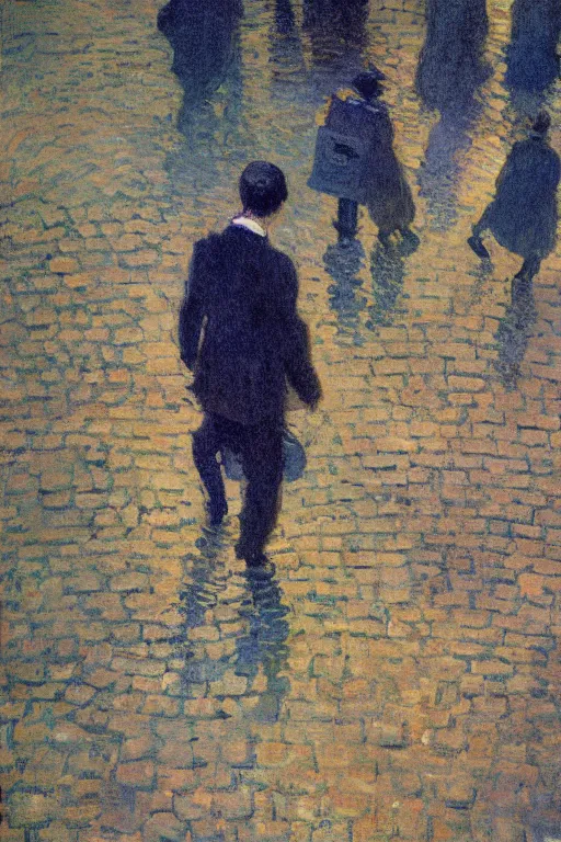 Prompt: impressionist watercolor painting by Claude Monet, surrealist aerial view of curly headed tan man walking through crowded market on cobblestone street by Dean Ellis