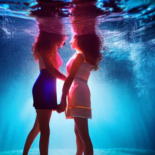 Image similar to award winning photograph of two women holding hands under water, volumetric lighting, flowing hair and dresses,