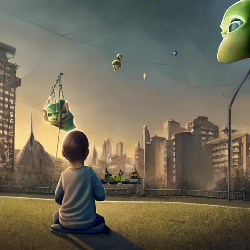 Image similar to masterful digital art, eye - level view, medium - shot, baby yoda is at the busy school playground in a cyberpunk city. baby yoda smiles and plays on a swing set. golden hour. realism, detailed, depth, chiaroscuro, limited color palette. in the background some balloons float in the sky. mandalorian ( tv ).