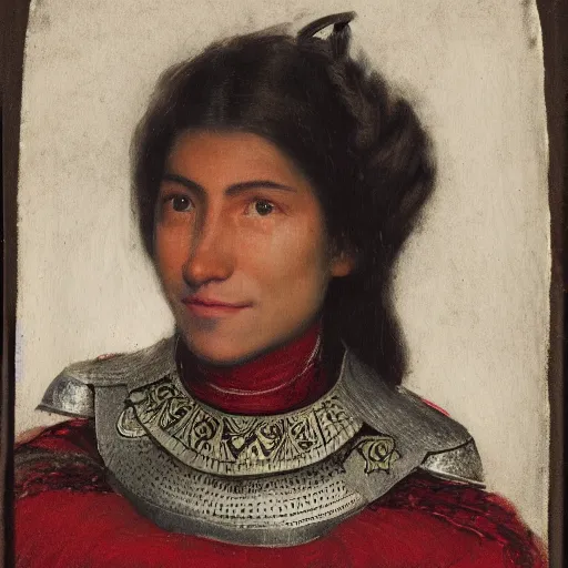 Prompt: head and shoulders portrait of a female knight, quechua, lorica segmentata, tonalist, symbolist, realistic, ambrotype, baroque, detailed, modeled lighting, vignetting, turquoise and venetian red, angular, smiling, raven