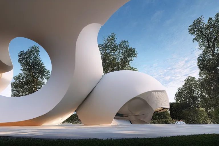 Prompt: pierre cardin's architecture is formed by the intersection of many white egg shaped spherical spaces. on the calm lake surface, people's perspective, future, interior wood, marble, award winning, highly detailed 4 k art, dusk, unreal engine highly rendered, global illumination, radial light, internal environment