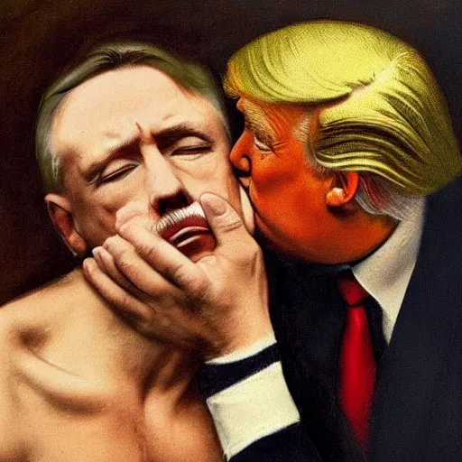 Image similar to still of donald trump kissing adolf hitler, renaissance painting