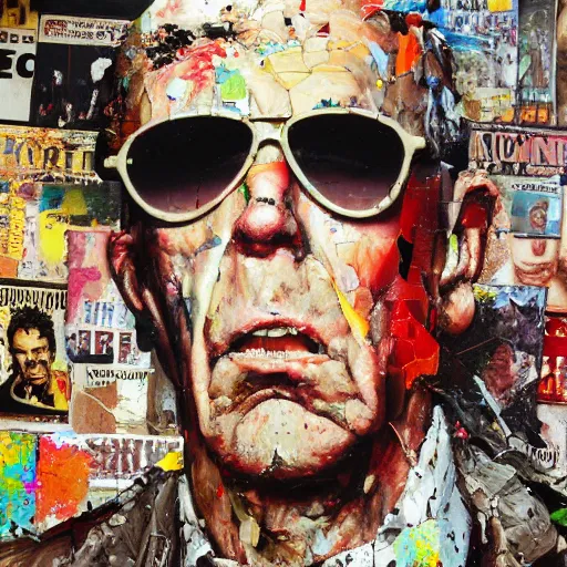 Image similar to hyperrealistic, photorealistic, mixed media oil painting of hunter s. thompson, magazine scraps, plaster, oil, splatter, greg rutkowski