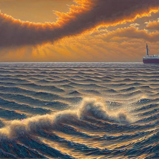 Image similar to a gust of sea air pushed open the door and the ship by jeffrey smith, oil on canvas