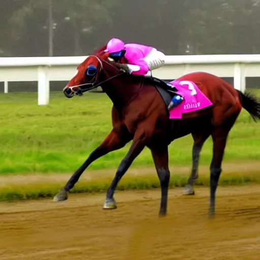 Image similar to close - up front view of a racing thoroughbred stallion ( with jockey in colorful outfit ) galloping extremely hard and emerging headfirst out of very dense ground fog to win a race at the track.