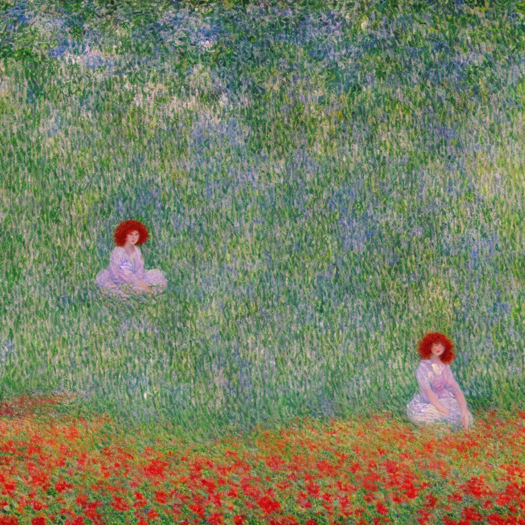 Prompt: a cute 20 year old girl with short curly red hair sitting in a field of flowers, god rays are passing through the trees in the background, Monet painting, low saturation