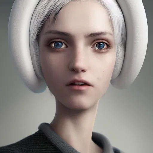 Prompt: a white haired girl wearing earmuffs with bionic eyes, digital art, 8 k resolution, unreal engine, highly detailed, pretty face, very beautiful face, very detailed eyes, photorealistic by wlop, greg rutkowski