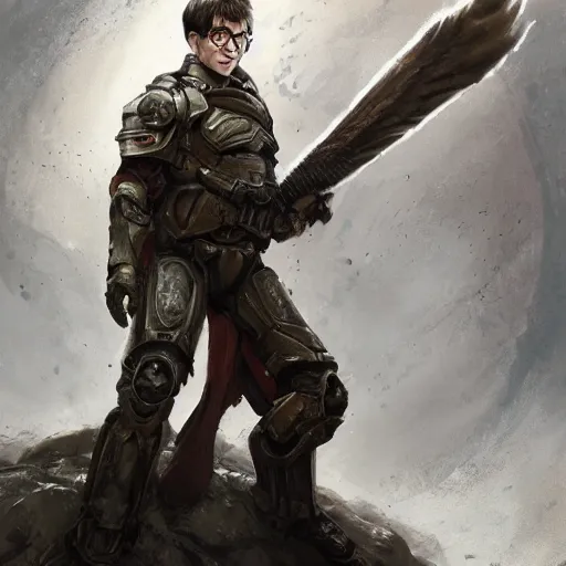 Image similar to detailed portrait of harry potter as doomguy, fantasy, military, dieselpunk, intricate, elegant, highly detailed, digital painting, artstation, concept art, matte, sharp focus, illustration, art by aenaluck, artgerm and roberto ferri and greg rutkowski, epic fantasy, digital painting