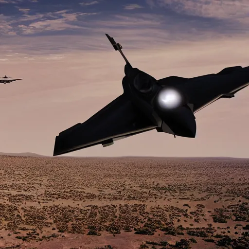 Image similar to a jet fighter and a ufo fighting in the sky above a desert