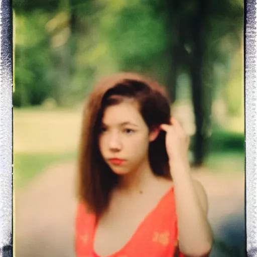 Image similar to a young woman is posing for a picture, a polaroid photo, petzval lens. featured on flickr, art photography, photo taken with provia, photo taken with ektachrome