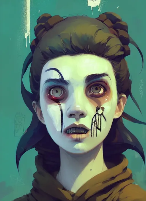 Prompt: highly detailed portrait of a sewer punk 2 1 year old lady with white graffiti face paint by atey ghailan, james gilleard, by joe fenton, by greg rutkowski, by greg tocchini, by kaethe butcher, 4 k resolution, gradient yellow, black, brown and cyan color scheme, grunge aesthetic!!! ( ( dystopian graffiti tag wall in background ) )