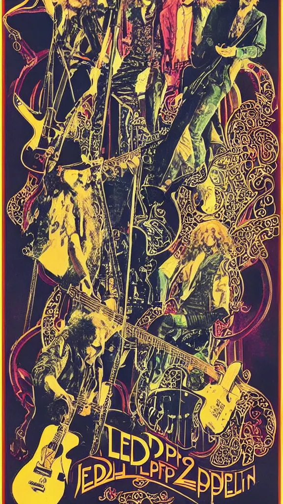 Prompt: Led Zeppelin concert poster circa 1969, Madison Square Garden, colorized, Robert plant, Jimmy Page, guitars, drum kit, art nouveau style, highly detailed