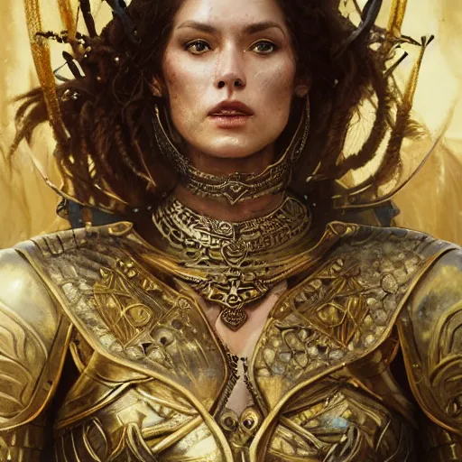 Image similar to Portrait of a majestic fierce viking woman, highly detailed, gold plated armor, cinematic, 8k, 1080s, by Stanley Artgermm, Tom Bagshaw, Greg Rutkowski, Vincent di Fate, Carne Griffiths, Ayami Kojima, trending on DeviantArt, hyper detailed, full of color, digital art,