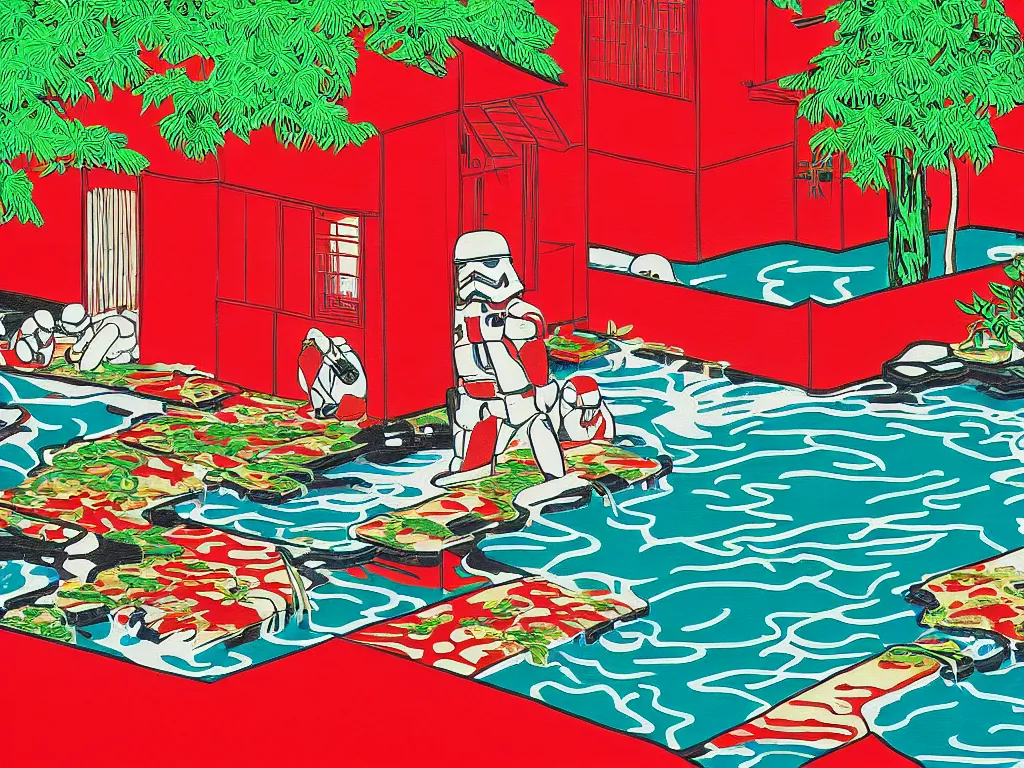 Image similar to close - up image of a japanese red house with a pond, with stormtroopers sitting around it, pop - art style, the style of andy warhol, roy lichtenstein and jackie tsai, bright and saturated palette, acrylic on canvas