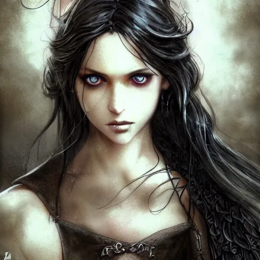 Prompt: female tavern maid, dark hair, tanned, beautiful, close - up, stunning, detailled, by luis royo, by pixar, by myazaki, game of thrones, gothic, final fantasy, fantasy, medieval