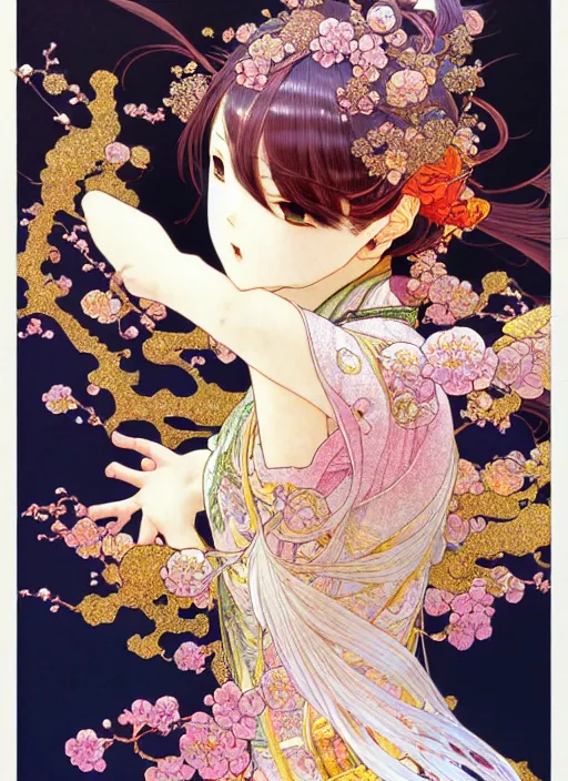 Image similar to exquisite imaginative manga poster art of keqing, genshin impact, flowers, pearlescent, shimmering, reflective, rim light, detailed background, by kojima ayami, akihiko yoshida, minaba hideo, alphonse mucha, art nouveau, illustration, artstation, concept art, highly detailed, colorful, maximalist